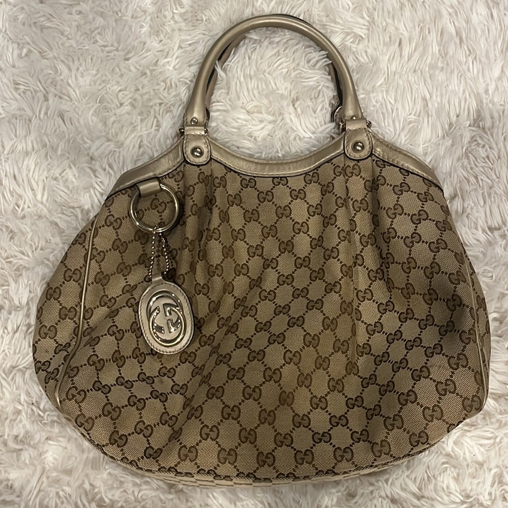 Gucci Beige Brown Monogram Tote with Gold Accent Charm